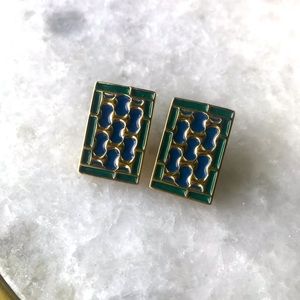 Gold, green, and blue rectangle earrings